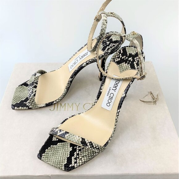 NIB Jimmy Choo Black and Taupe Snake Marin 90 Heeled Sandals Size 36.5 - Picture 2 of 10